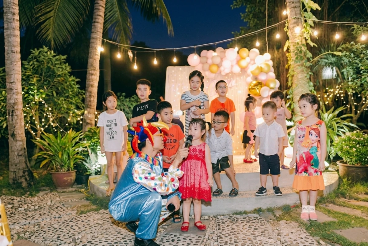 Hoạt động tổ chức sinh nhật cho bé đầy ắp tiếng cười với các trò chơi tương tác cùng chú hề hoạt náo trên sân khấu.