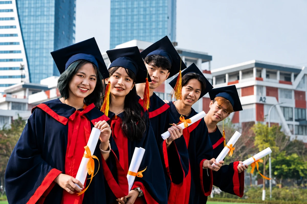Nhóm bạn thân chụp ảnh tốt nghiệp trong ngày lễ tốt nghiệp đại học