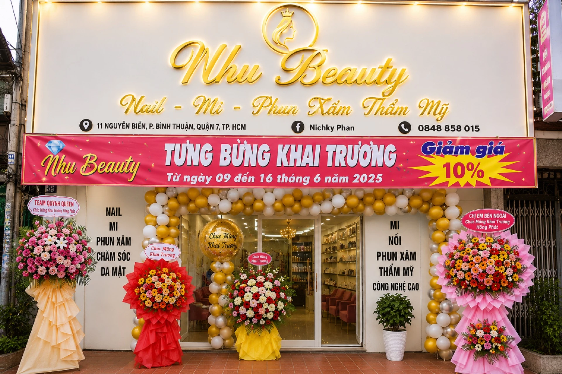 Băng rôn khai trương dạng ngang treo trước mặt tiền spa với thông tin khai trương và khuyến mãi giảm giá