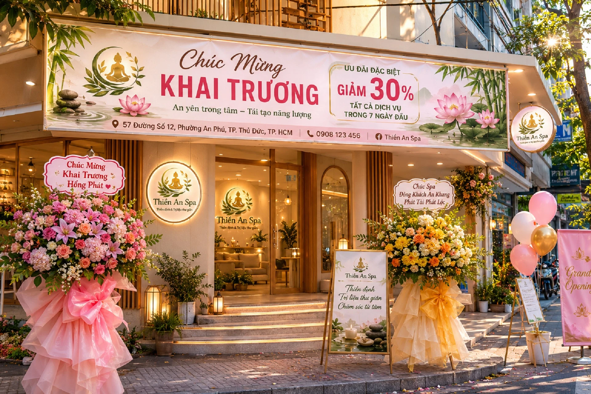 Toàn cảnh spa khai trương với băng rôn ngang ưu đãi giảm giá và lẵng hoa chúc mừng