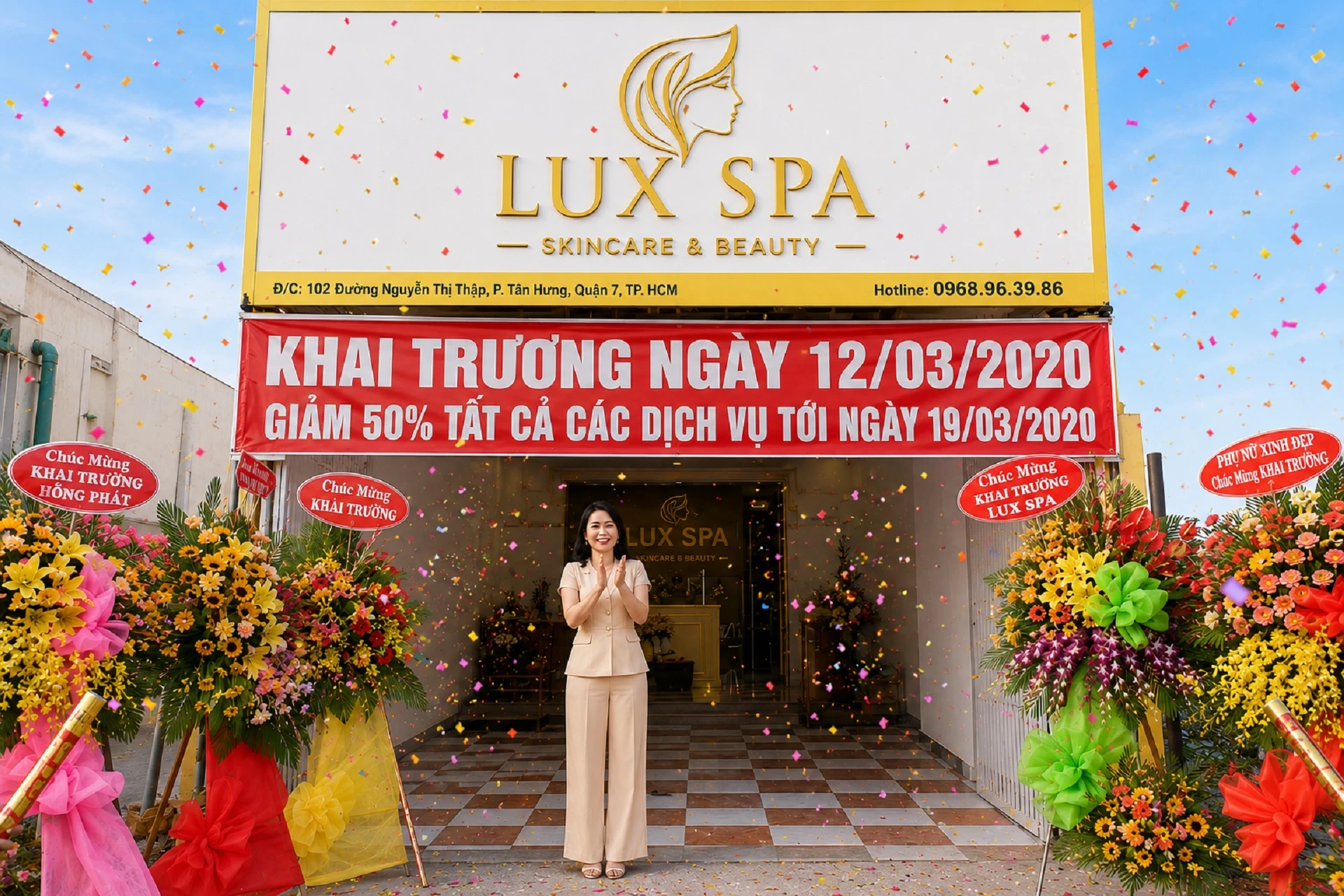 Băng rôn khai trương spa LUX SPA treo trước mặt tiền cửa hàng cùng hoa chúc mừng ngày khai trương