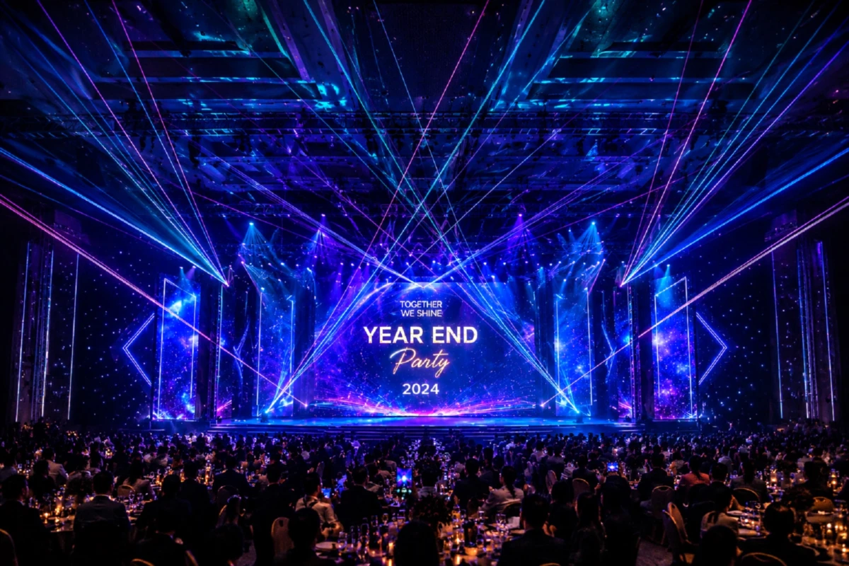 Đèn laser sân khấu sự kiện year end party doanh nghiệp với hiệu ứng ánh sáng đa màu