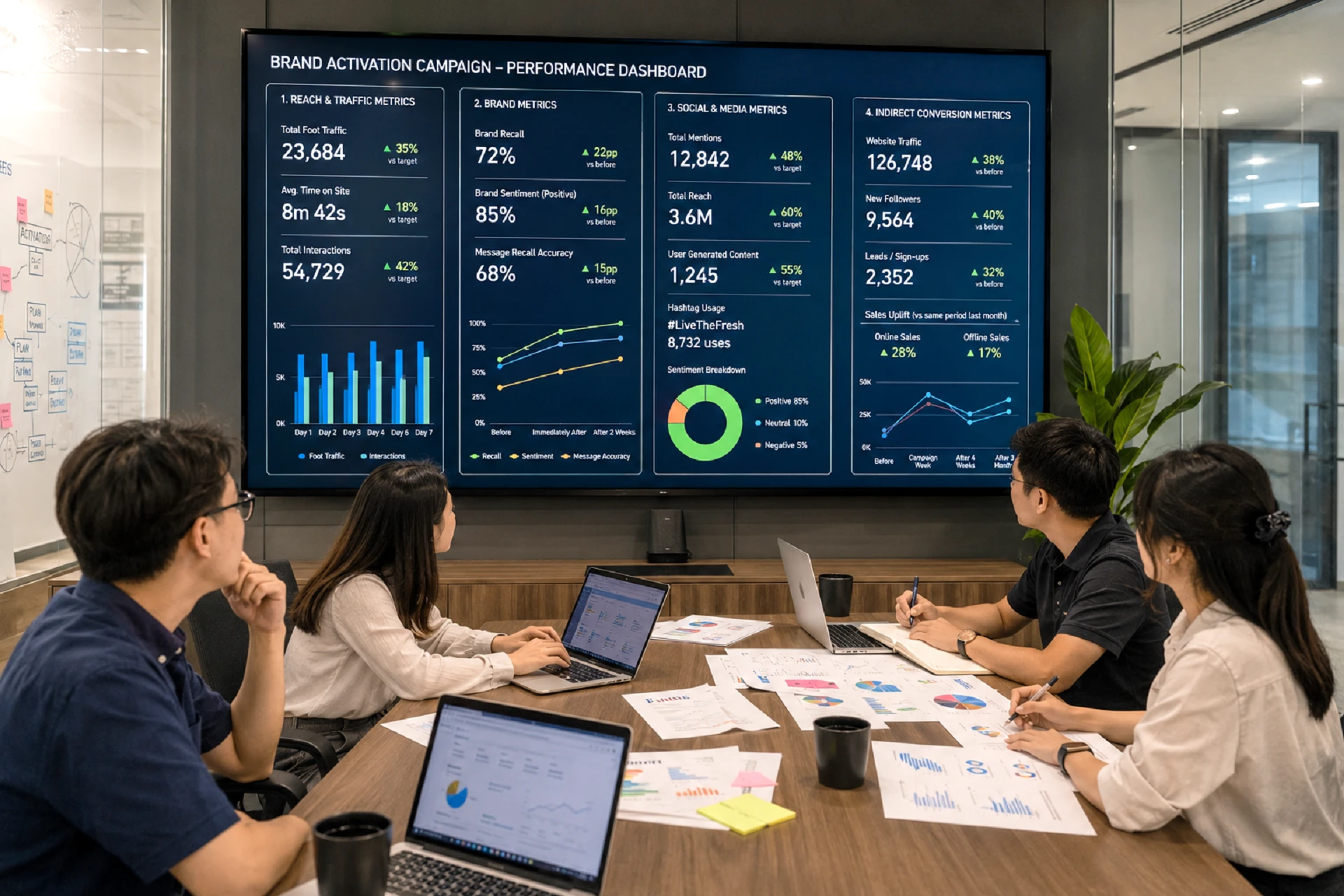 Hình minh họa Đội ngũ nhân sự theo dõi chỉ số đo lường hiệu quả brand activation trên dashboard chiến dịch