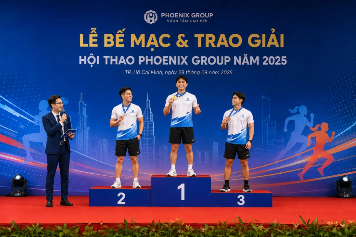 MC dẫn dắt lễ trao giải doanh nghiệp bên cạnh bục trao giải 3 bậc với các cá nhân được vinh danh trên sân khấu sự kiện