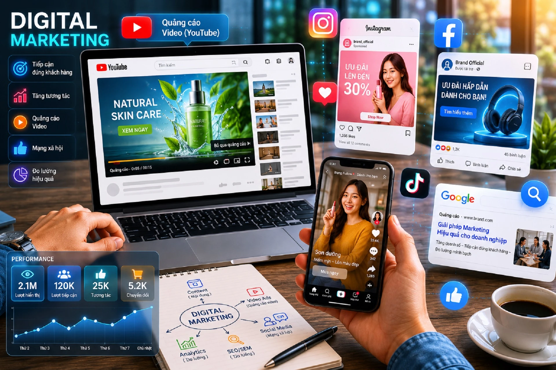 Quảng cáo hiện đại đa kênh kết hợp YouTube, Facebook, TikTok, Instagram và Google Ads trong chiến dịch digital marketing