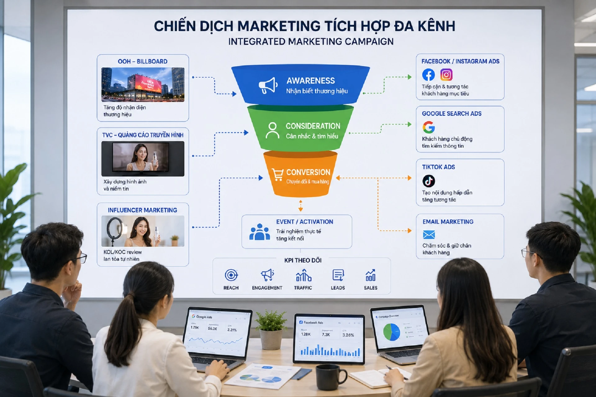 Sơ đồ chiến dịch marketing tích hợp kết hợp OOH, TVC, Google Ads, Facebook Ads và activation