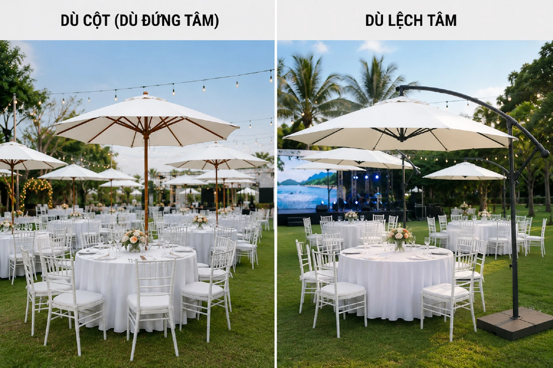 Hình ảnh minh họa sự khác nhau giữa dù cột và dù lệch tâm trong không gian tiệc ngoài trời
