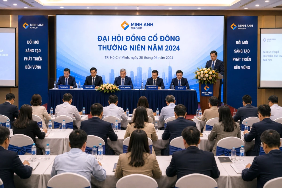 Người chủ trì điều hành đại hội cổ đông thường niên với các cổ đông tham dự trong hội trường doanh nghiệp