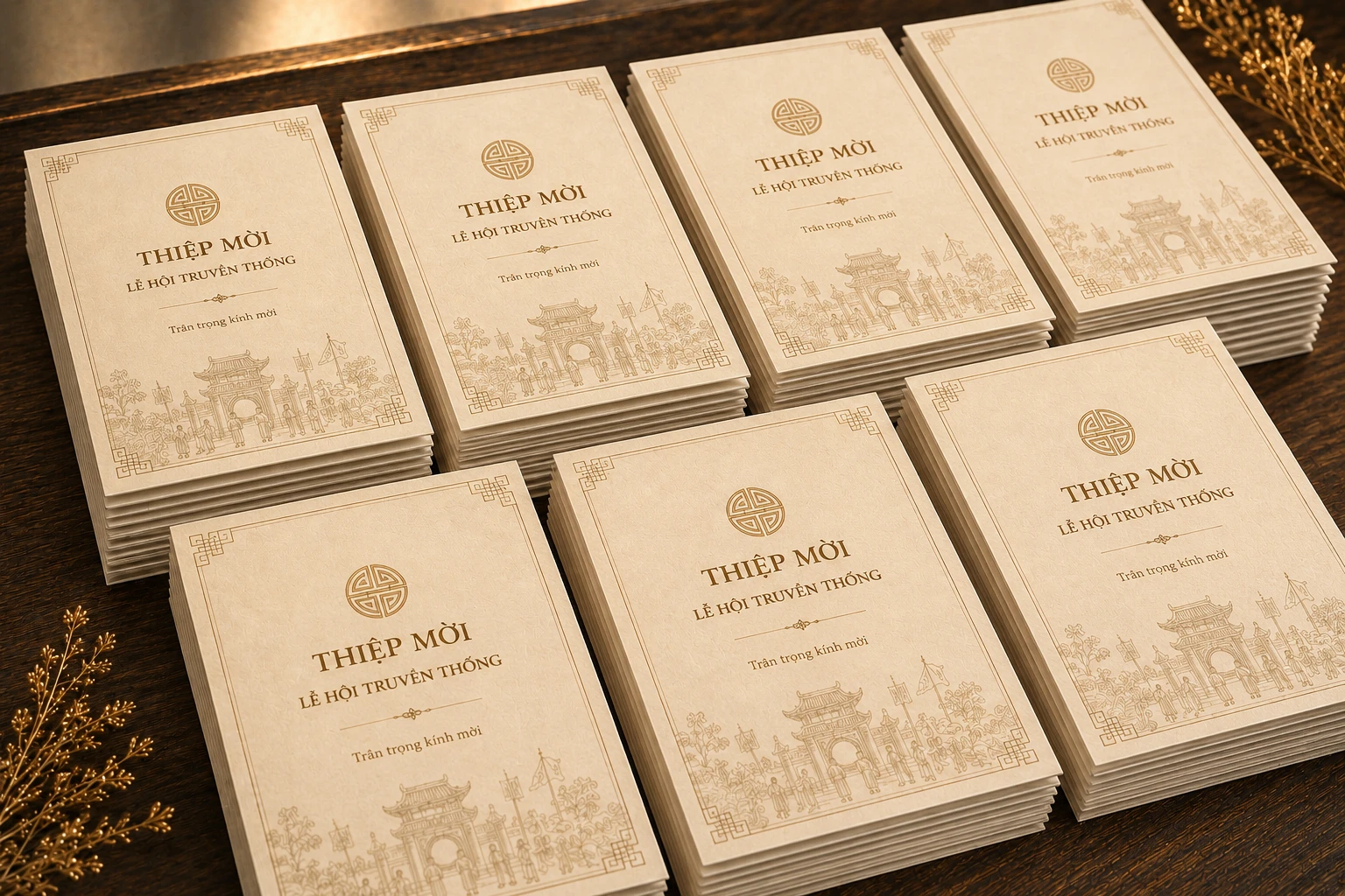 Giấy mời lễ hội truyền thống tông màu be trắng được sắp xếp trên bàn gỗ trước khi gửi đến khách mời