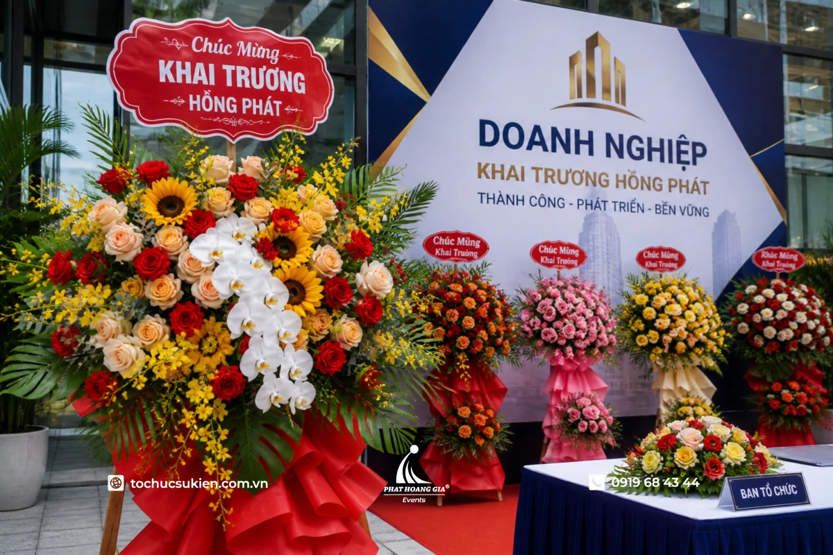 Kệ hoa khai trương kết hợp giữa hoa hướng dương, hoa hồng và các phụ kiện trang trí đặt cạnh thảm đỏ và sân khấu