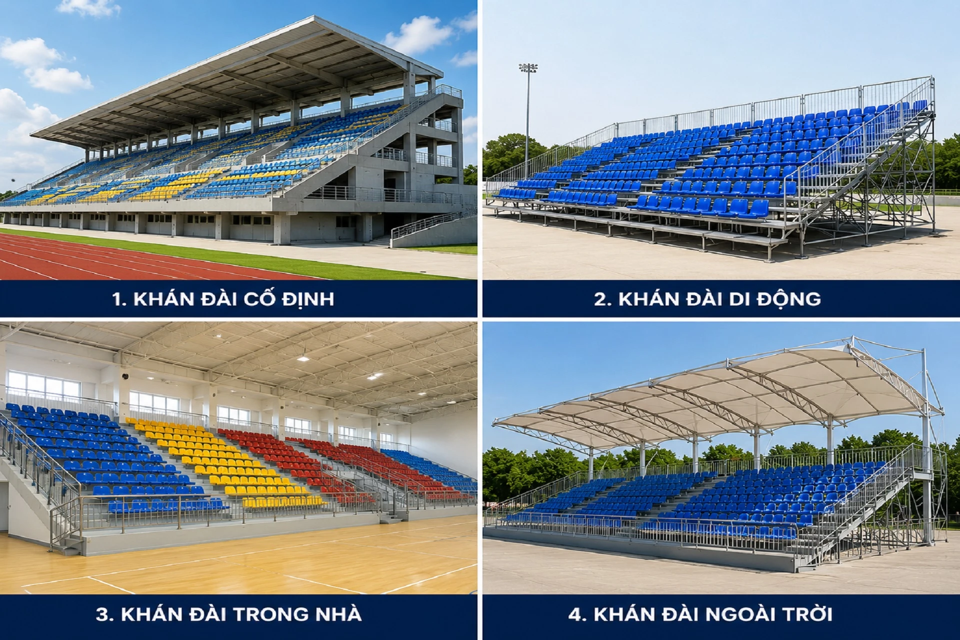 Hình ảnh minh họa 4 loại khán đài gồm khán đài cố định, khán đài di động, khán đài trong nhà và khán đài ngoài trời với hệ ghế nâng tầng thực tế