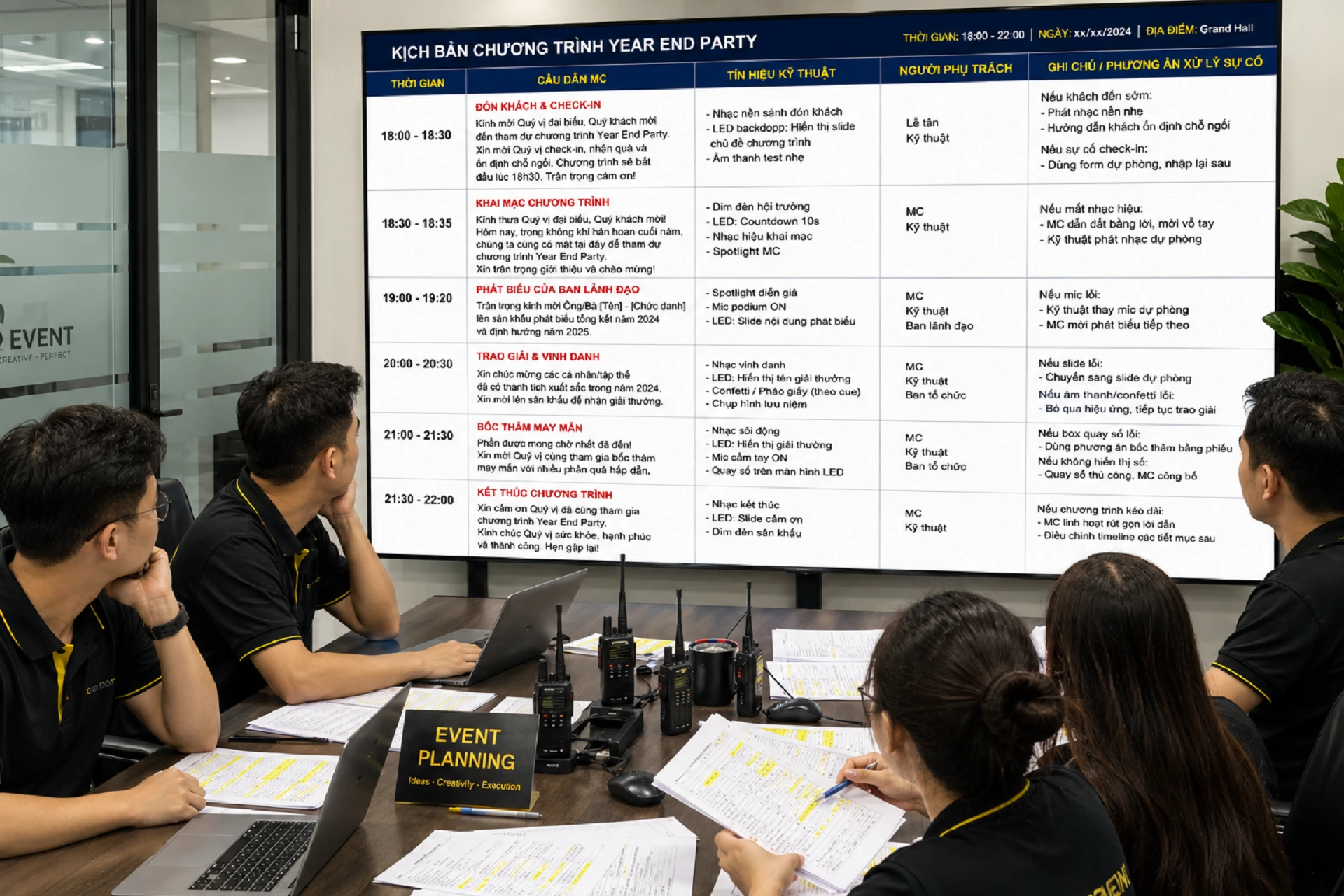 Mẫu kịch bản sự kiện được rà soát trong cuộc họp trước khi chương trình diễn ra