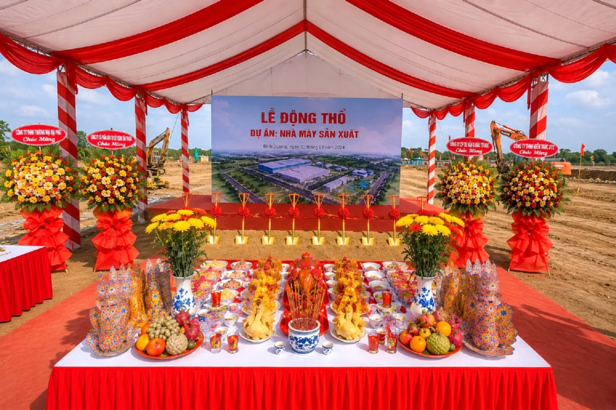 Lễ động thổ cần những gì với mâm cúng, sân khấu, backdrop và nghi thức xúc cát