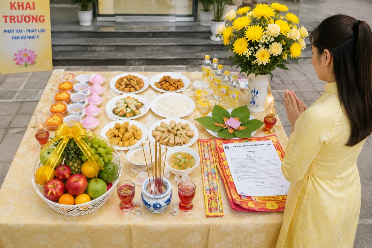 Đại diện doanh nghiệp thực hiện nghi thức cúng trước mâm cúng khai trương chay với lễ vật thuần chay