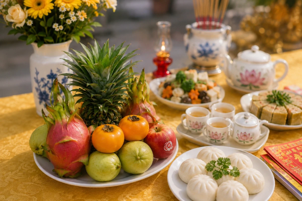 Mâm cúng khai trương chay với trái cây, bánh bao, trà và lễ vật cúng cho doanh nghiệp nhỏ