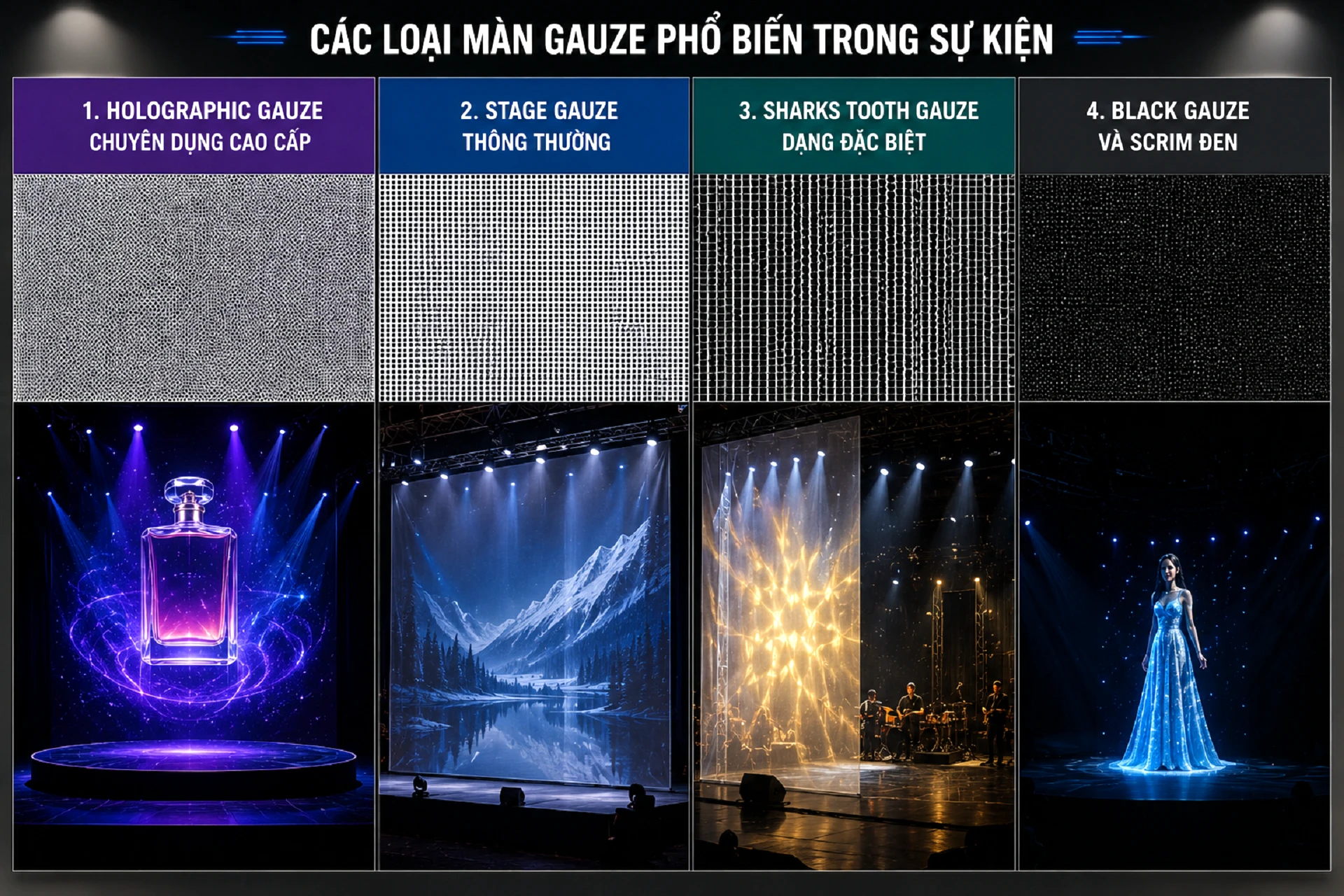 Các loại màn gauze phổ biến gồm holographic gauze, stage gauze, sharks tooth gauze và black gauze trong tổ chức sự kiện