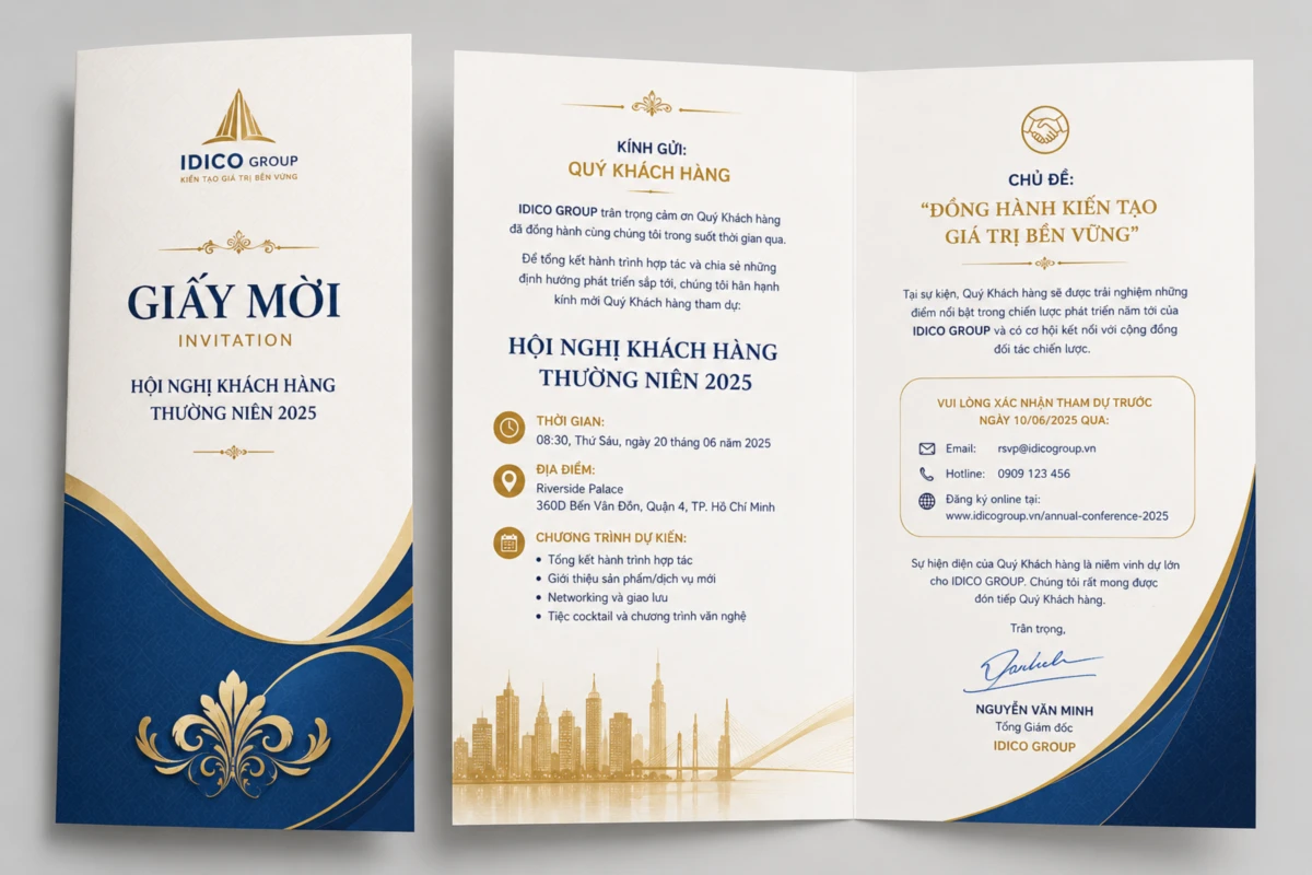 Mẫu giấy mời hội nghị khách hàng thường niên doanh nghiệp thiết kế sang trọng tông xanh trắng kết hợp vàng gold