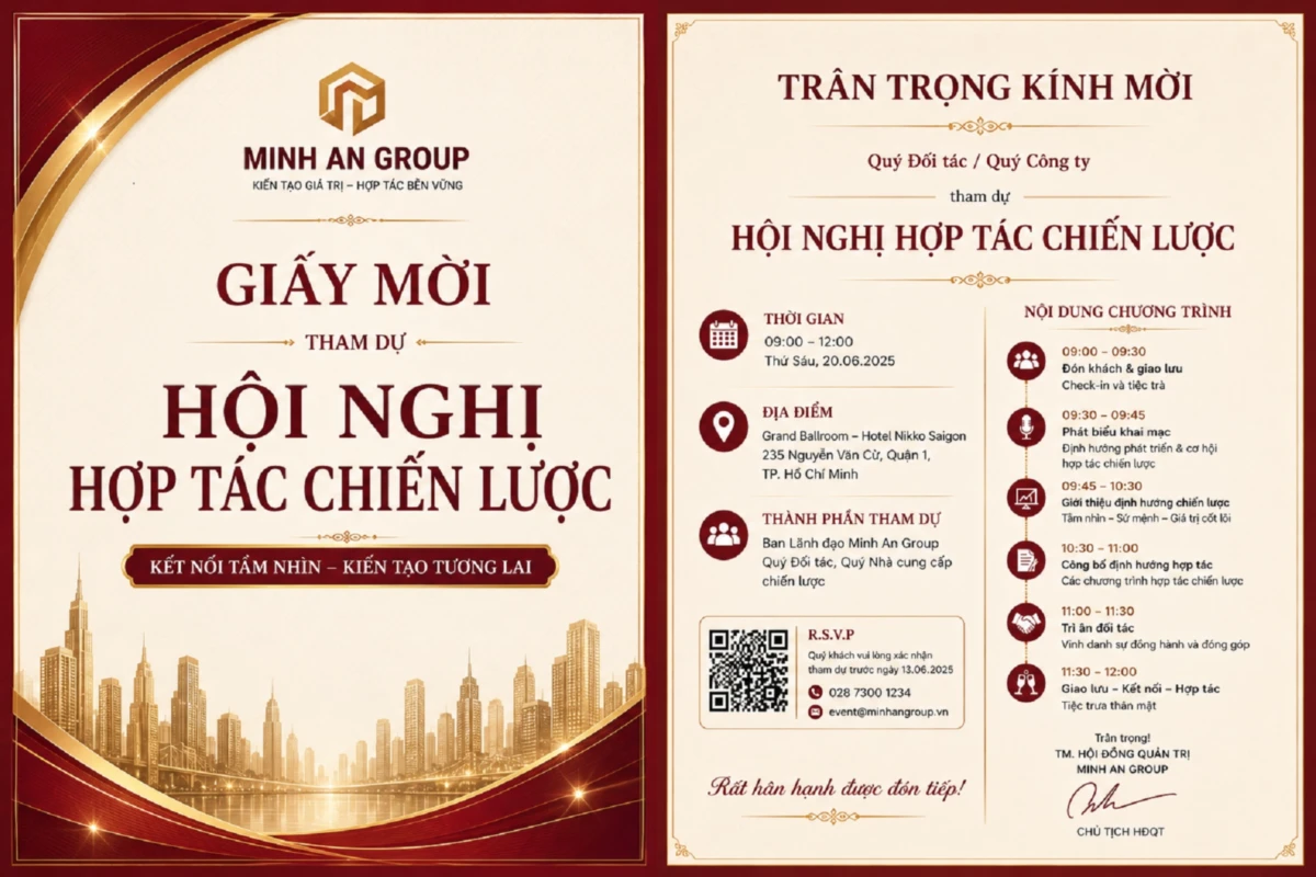 Mẫu giấy mời hội nghị hợp tác chiến lược với thiết kế sang trọng tông đỏ rượu và gold dành cho đối tác doanh nghiệp
