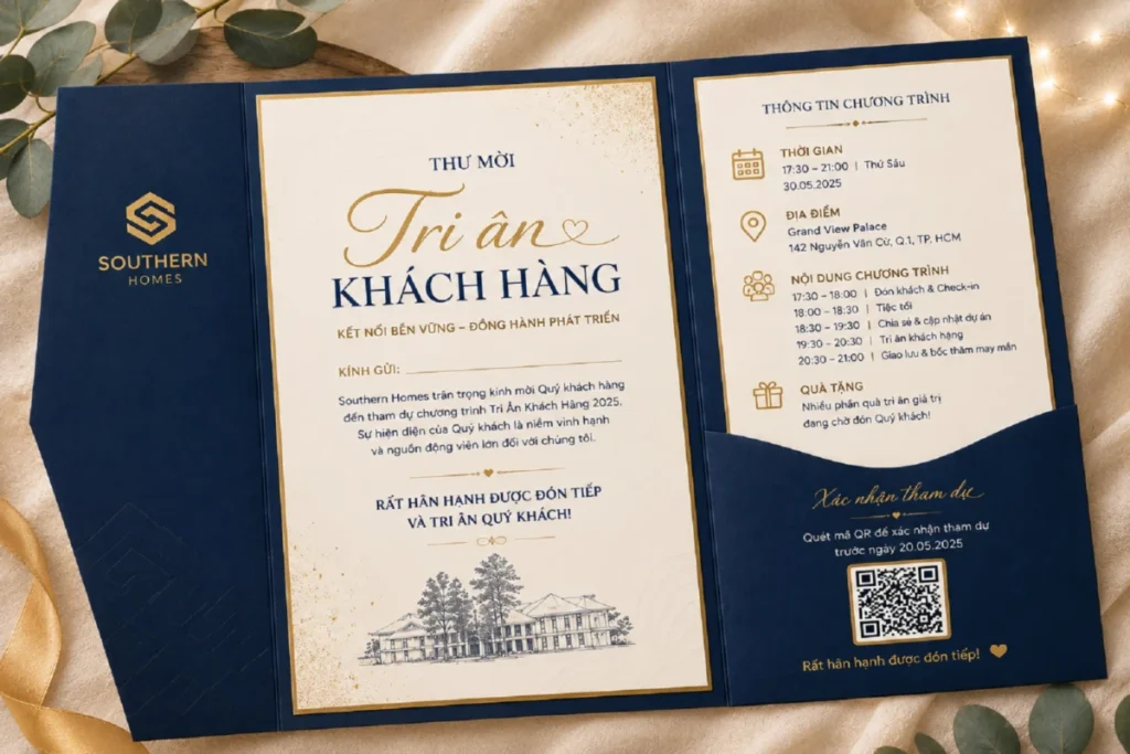 Thư mời tiệc tri ân khách hàng với thông tin chương trình, QR xác nhận và dress code
