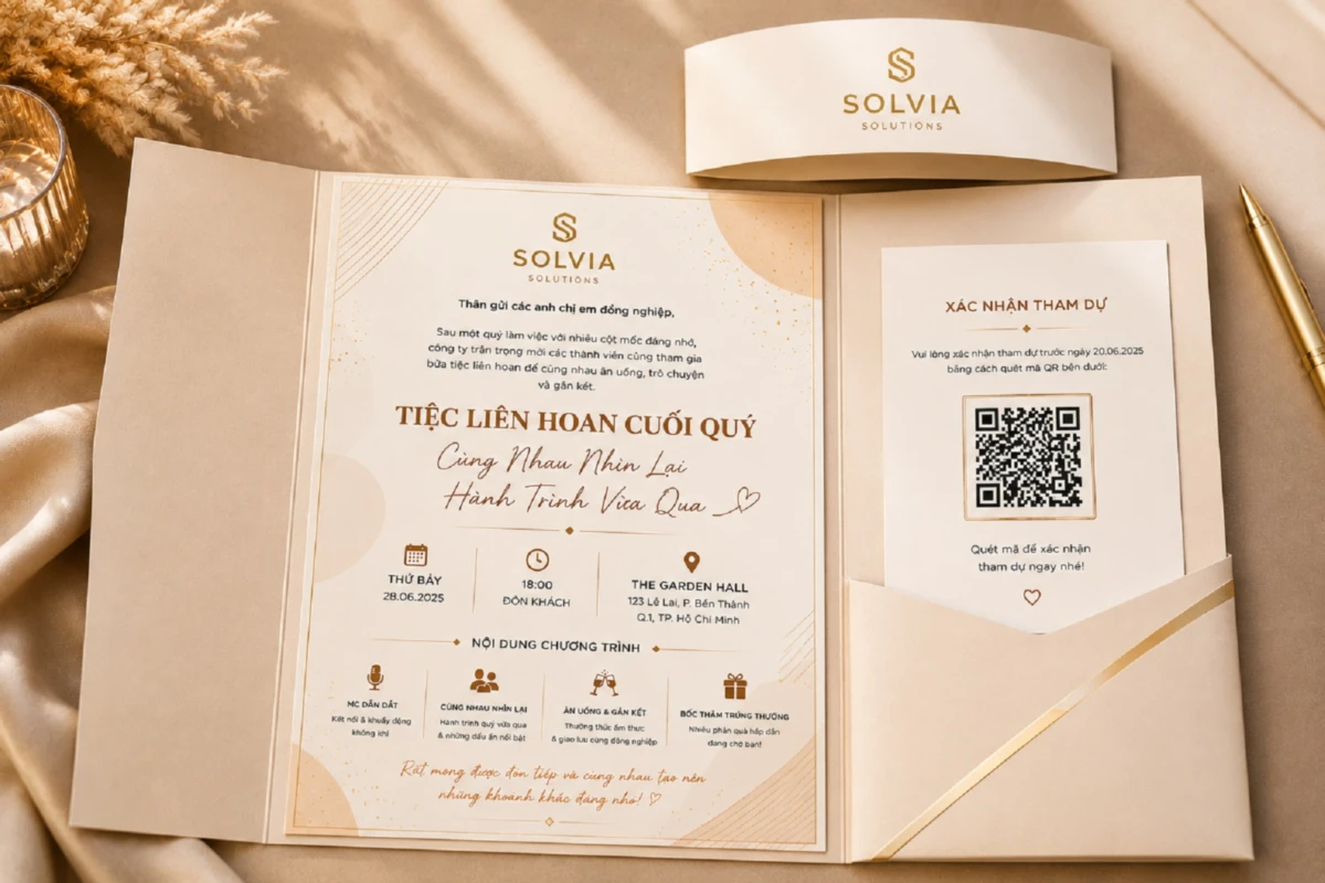 Mẫu thư mời tiệc liên hoan cuối quý của doanh nghiệp với thiết kế tông màu ấm cúng và QR xác nhận tham dự