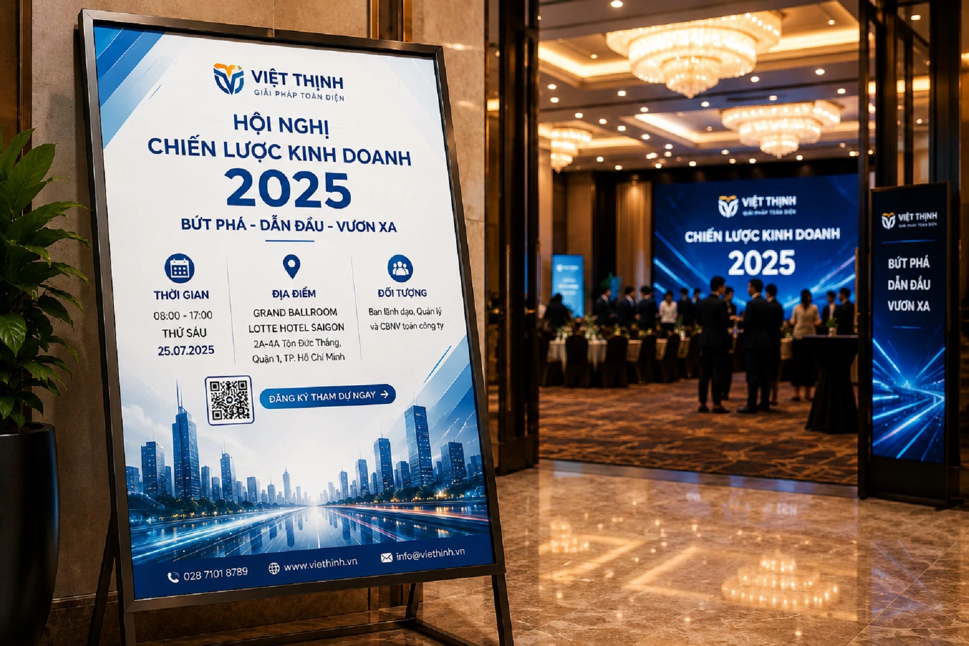 Poster thông báo hội nghị doanh nghiệp với thông tin thời gian và địa điểm tại sảnh sự kiện