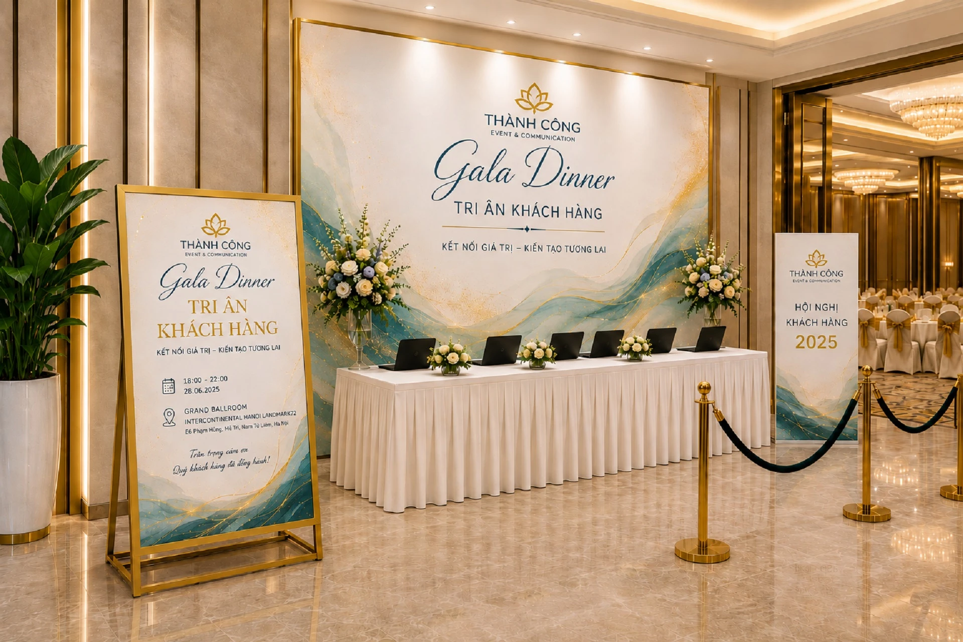 Phối hợp poster sự kiện với backdrop hội nghị và khu vực đón khách tại sảnh gala dinner doanh nghiệp