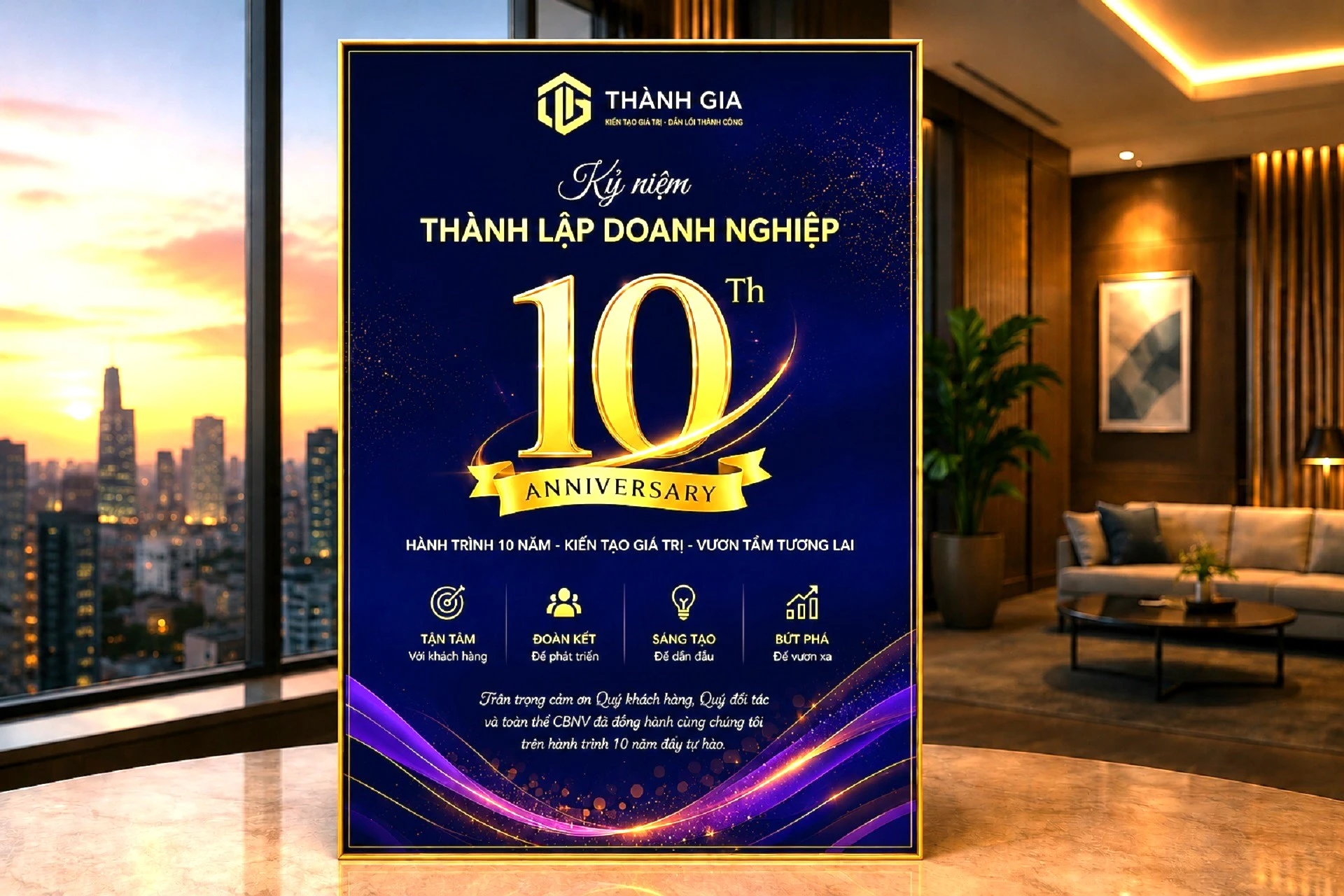 Mẫu poster kỷ niệm 10 năm thành lập doanh nghiệp với thiết kế sang trọng và nổi bật