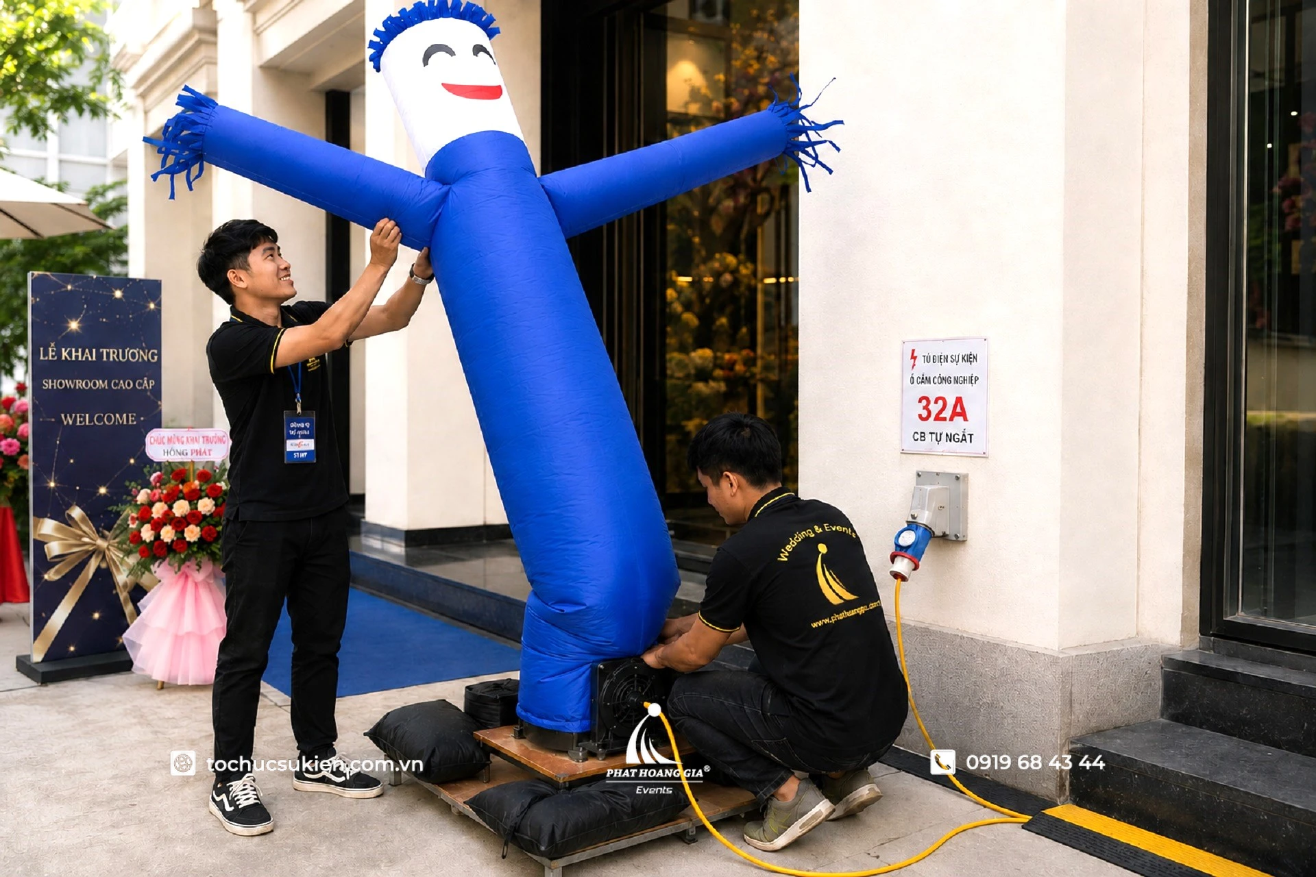 Nhân sự kỹ thuật lắp đặt rối hơi 1 chân tại lễ khai trương showroom doanh nghiệp