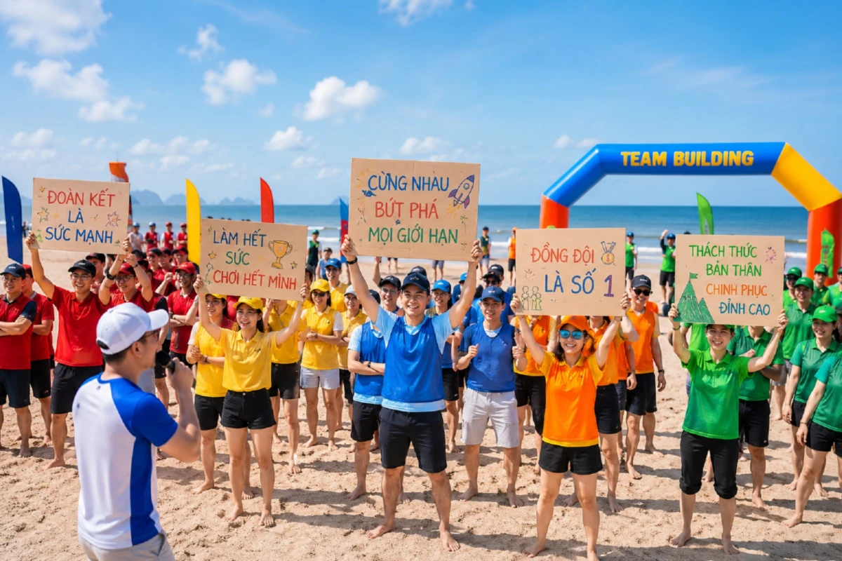 Các phòng ban với slogan riêng trong hoạt động team building tại bãi biển