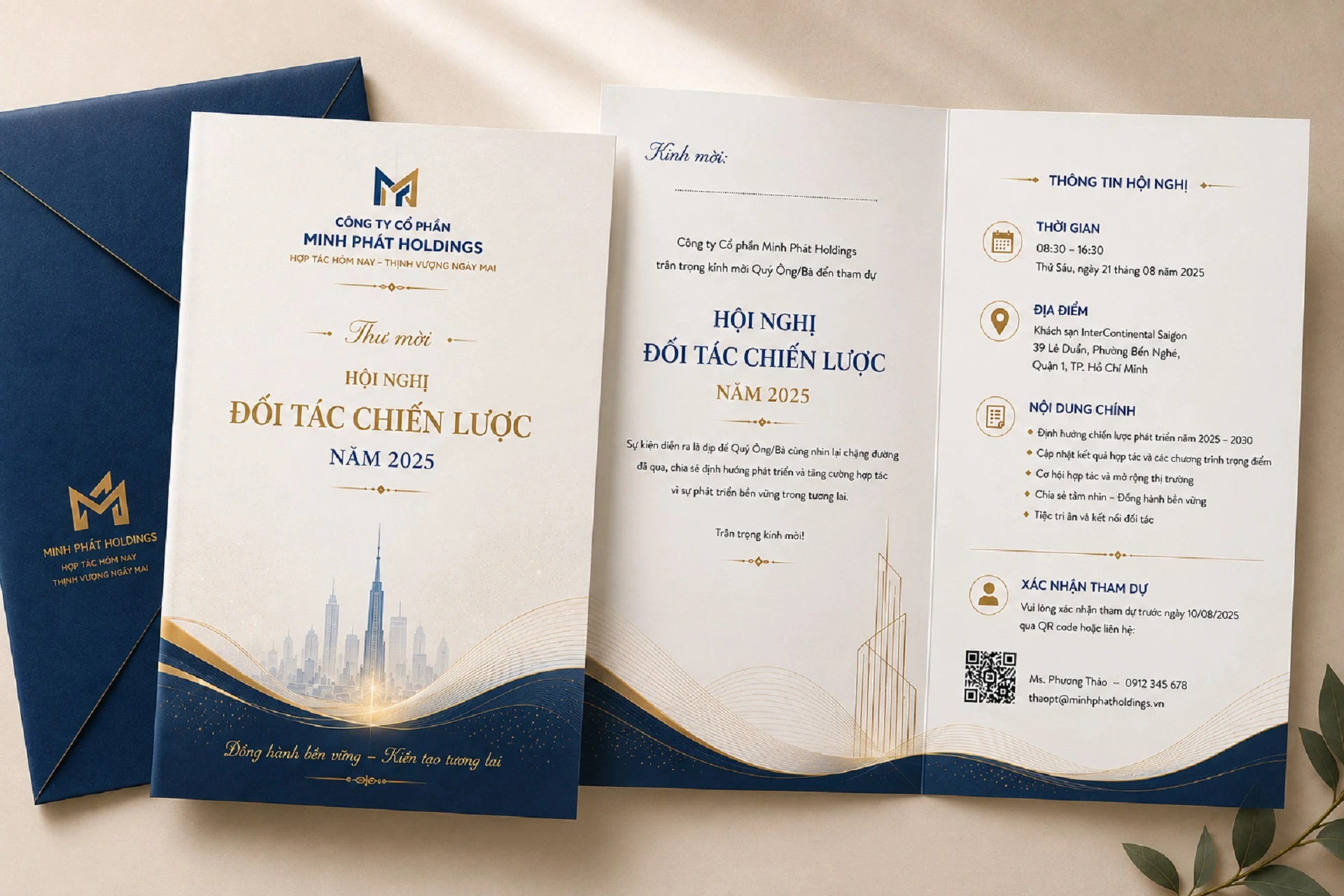 Mẫu thiệp mời hội nghị đối tác chiến lược doanh nghiệp với thiết kế tông xanh navy sang trọng và thông tin sự kiện