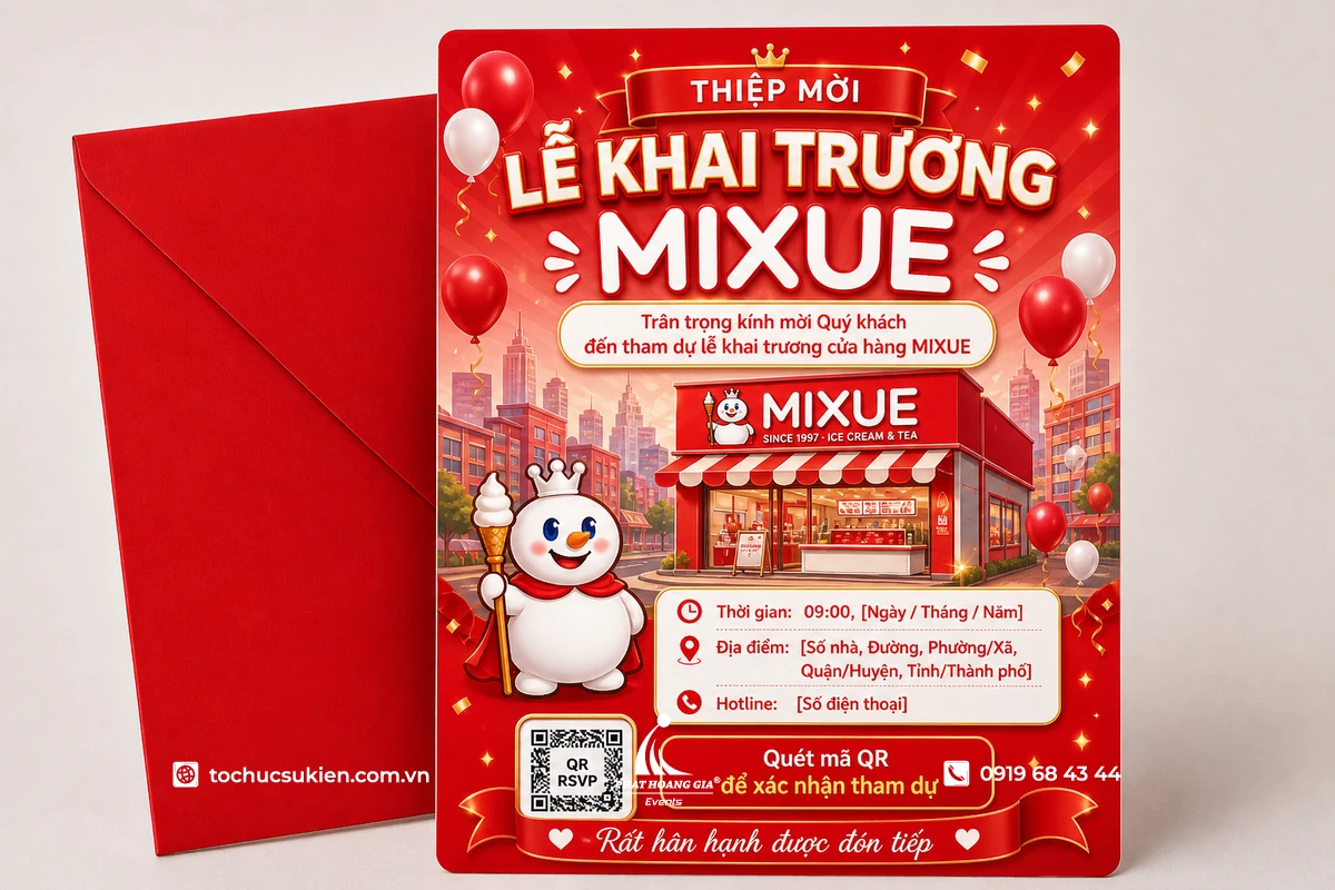 Mẫu thiệp mời khai trương cửa hàng đồ uống tone đỏ phong cách hiện đại