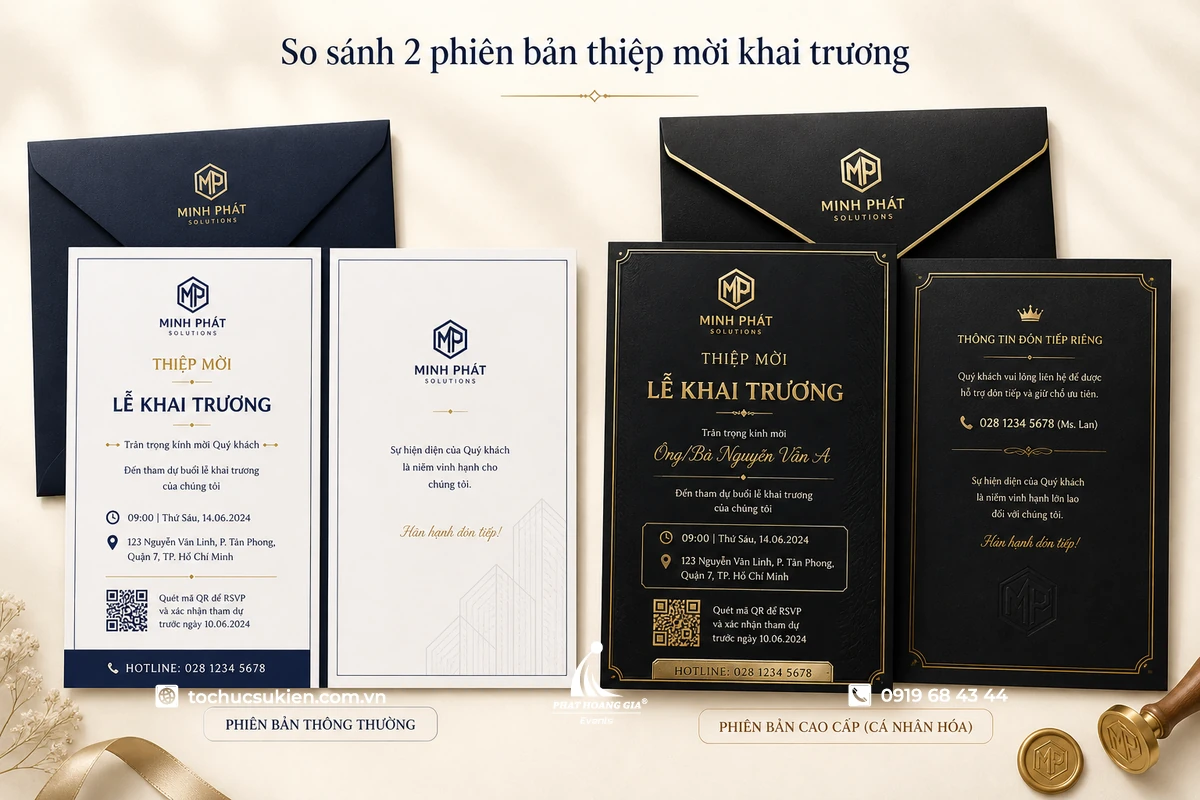 So sánh thiệp mời khai trương bản thường và bản cao cấp cá nhân hóa