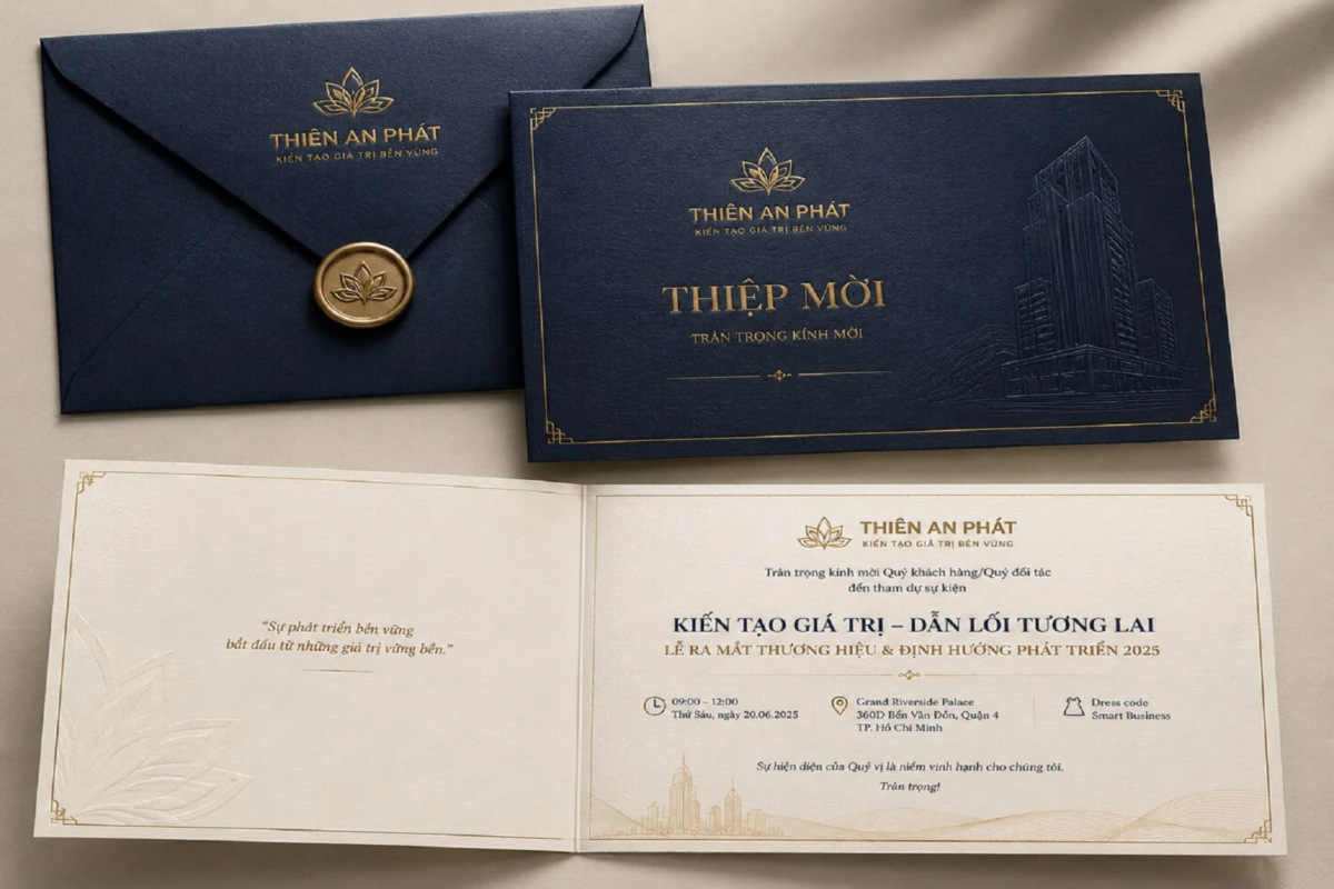 Thiệp mời sự kiện ra mắt thương hiệu in trên giấy cao cấp với logo doanh nghiệp dập nổi và phong bì đi kèm