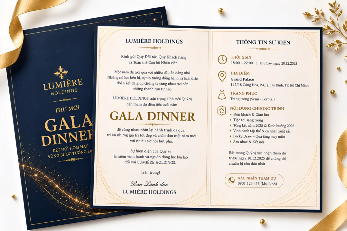Thiệp mời gala dinner doanh nghiệp với thiết kế và tone màu sang trọng