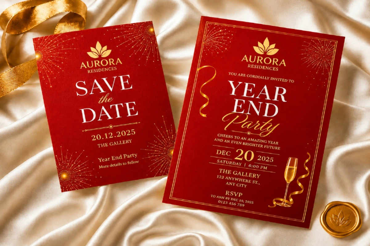 Mẫu thiệp mời Year End Party tone đỏ vàng sang trọng với phong cách luxury doanh nghiệp