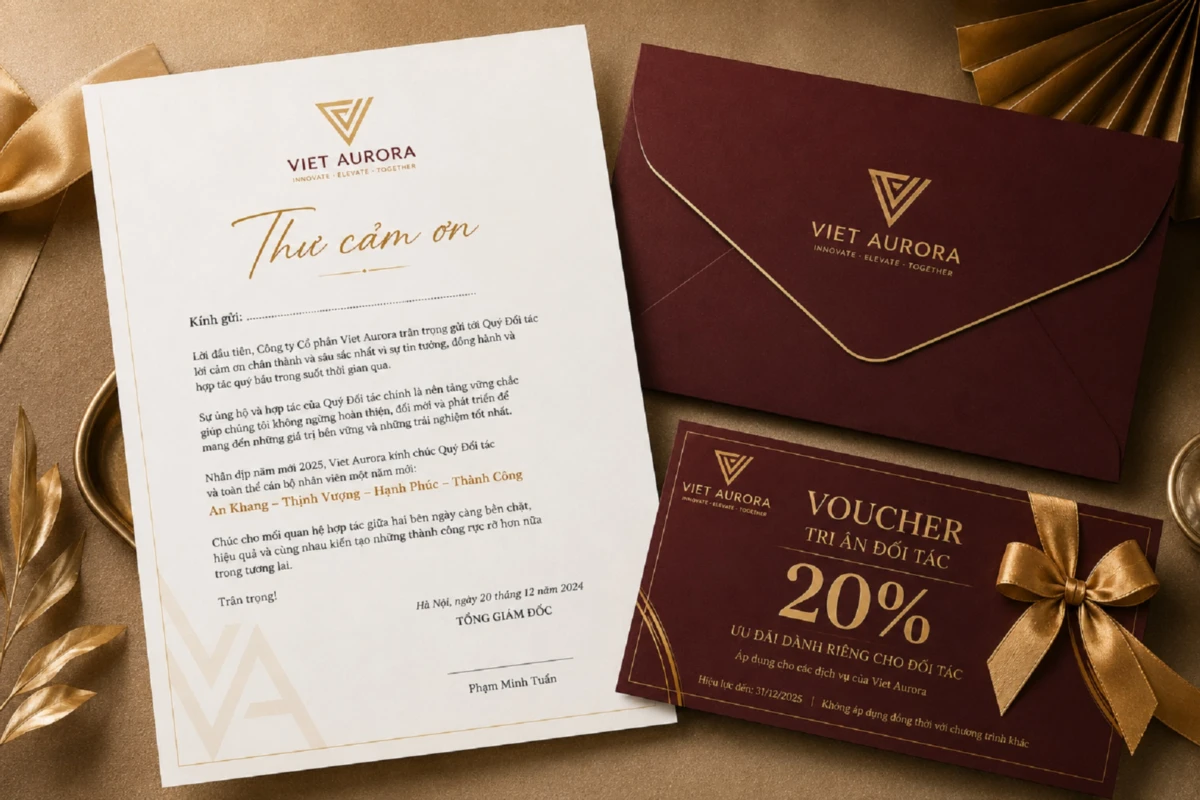 Thư cảm ơn đối tác doanh nghiệp dịp cuối năm với thiết kế tông đỏ nâu và voucher tặng kèm