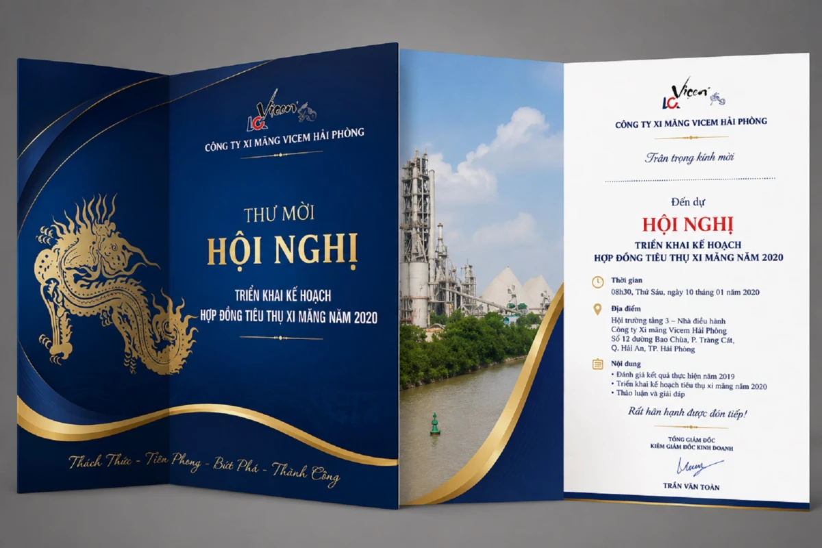 Thư mời hội nghị với thiết kế tông màu xanh dương và họa tiết rồng vàng sang trọng