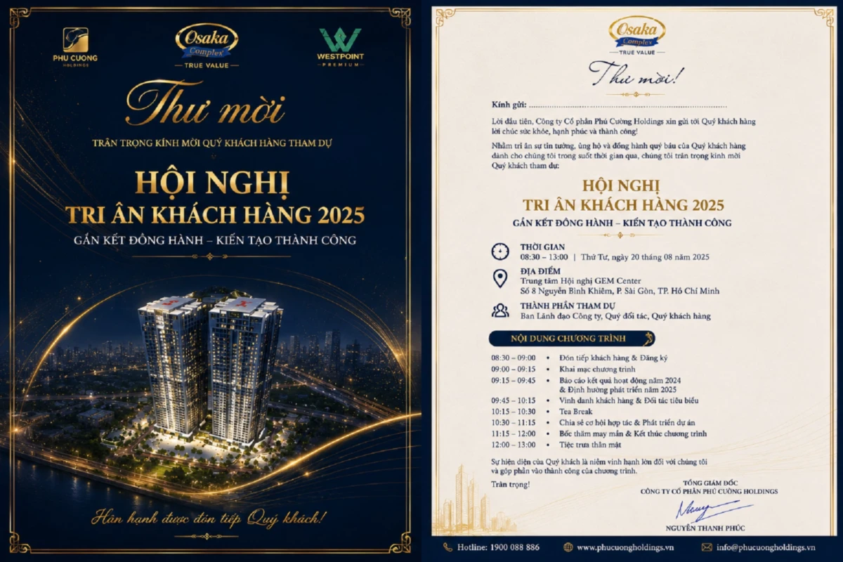 Thư mời hội nghị tri ân khách hàng phong cách xanh than vàng với gold sang trọng