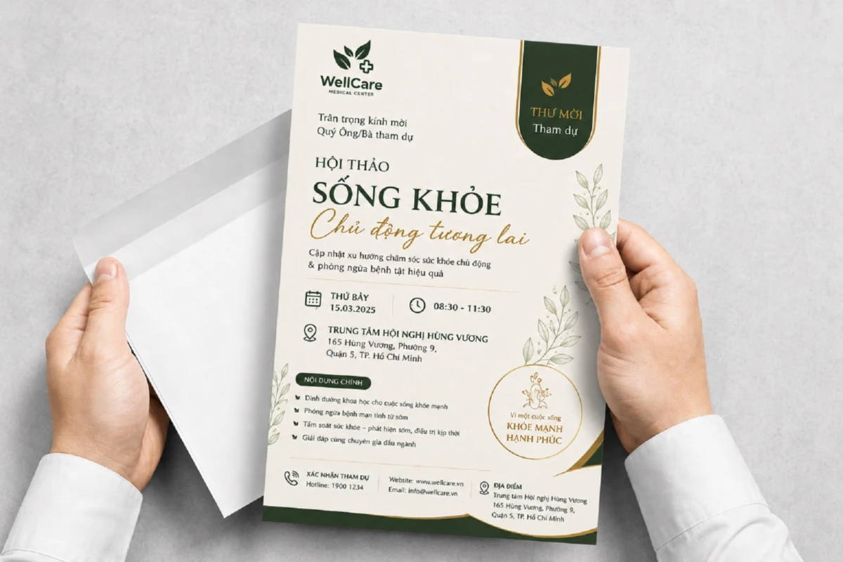Thư mời tham gia hội thảo sức khỏe với tông xanh vàng nổi bật