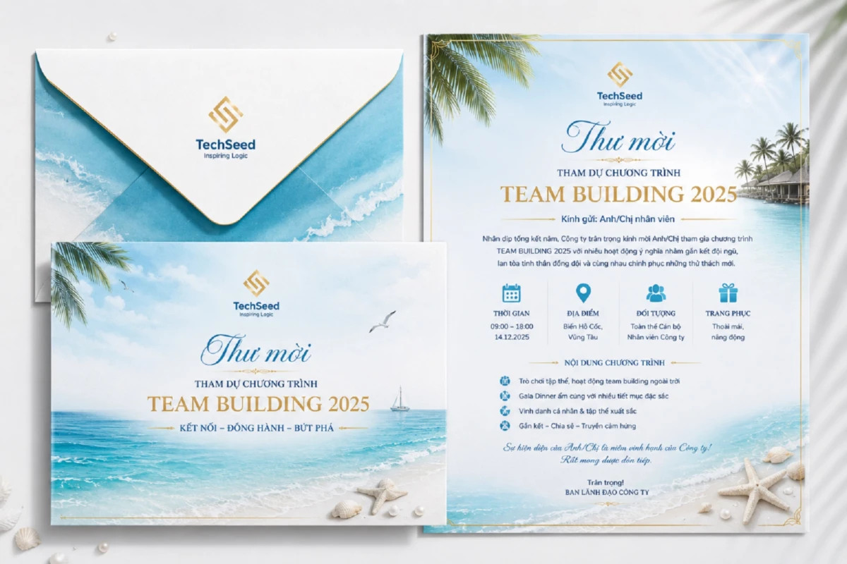 Thiệp mời teambuilding công ty tông xanh phong cách du lịch biển