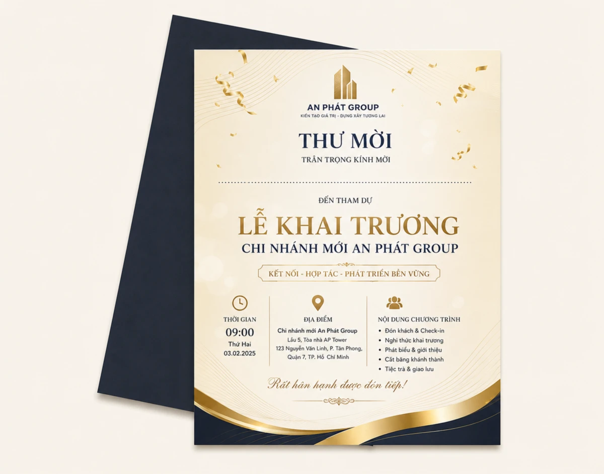 Thư mời khai trương chi nhánh doanh nghiệp với đầy đủ nội dung, thông tin và tông xanh be chuyên nghiệp