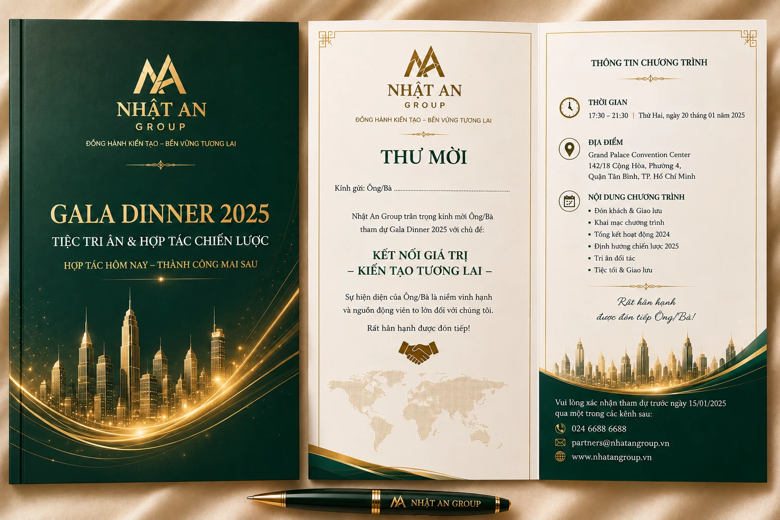 Bộ thư mời Gala Dinner với thiết kế xanh ngọc đậm phối vàng gold, gồm bìa thư mời và nội dung chương trình tri ân đối tác chiến lược
