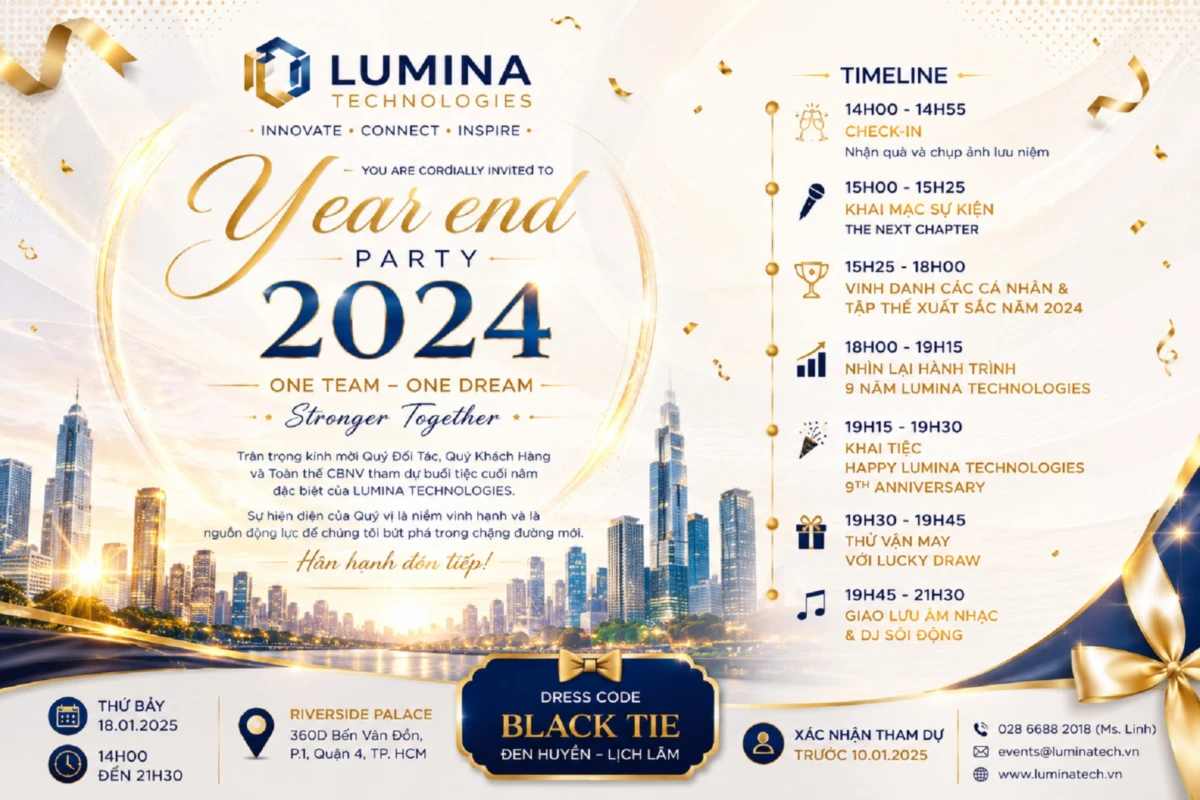 Thiết kế thư mời year end party với timeline chương trình và đầy đủ thông tin tham dự