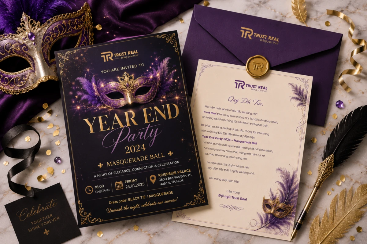 Mẫu thư mời year end party theme Masquerade Ball với thiết kế sang trọng tông tím vàng, mặt nạ dạ hội và bộ invitation đồng bộ