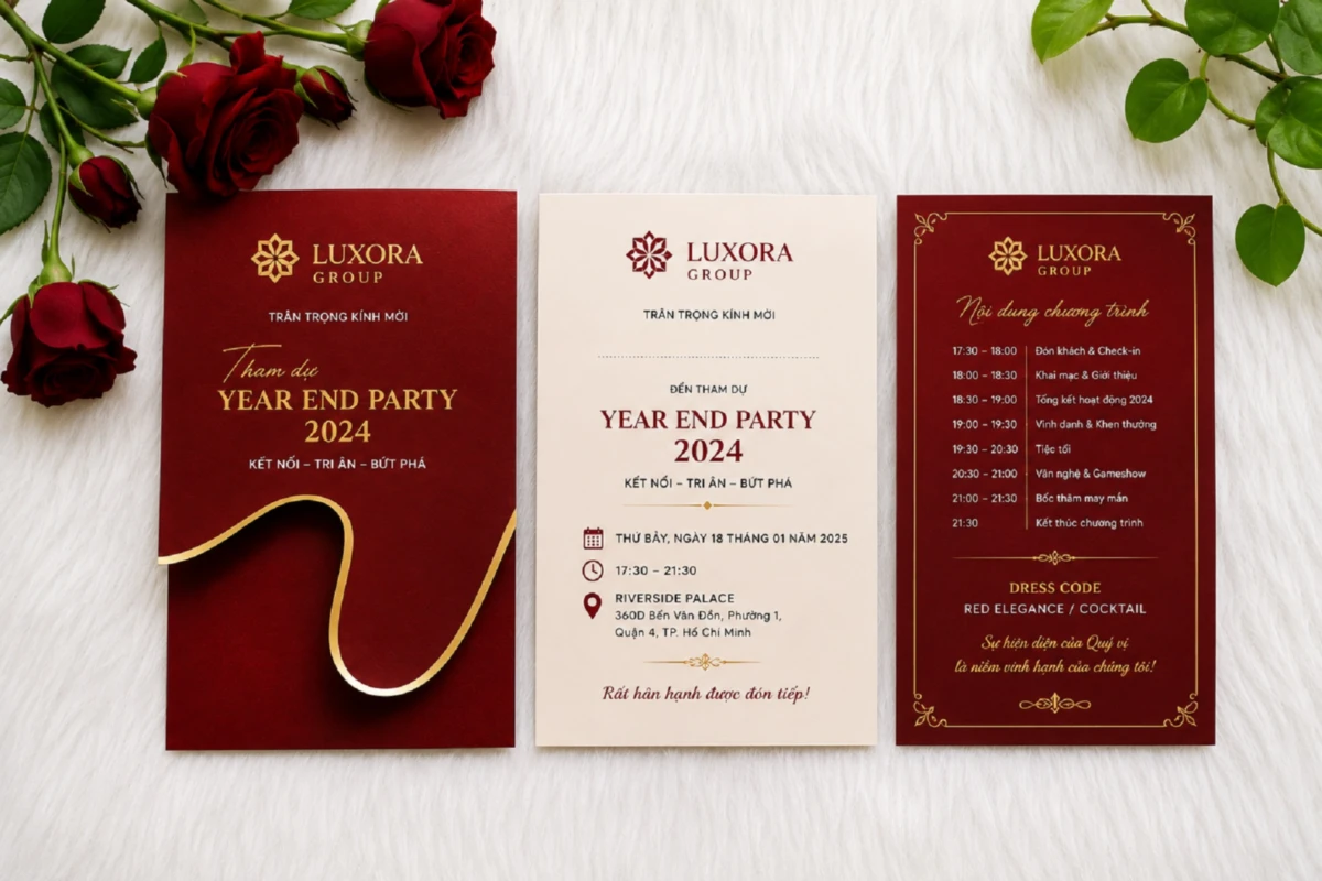 Bộ thư mời year end party doanh nghiệp với thiết kế tông đỏ vàng sang trọng gồm bìa thư, thiệp mời và thư chi tiết chương trình
