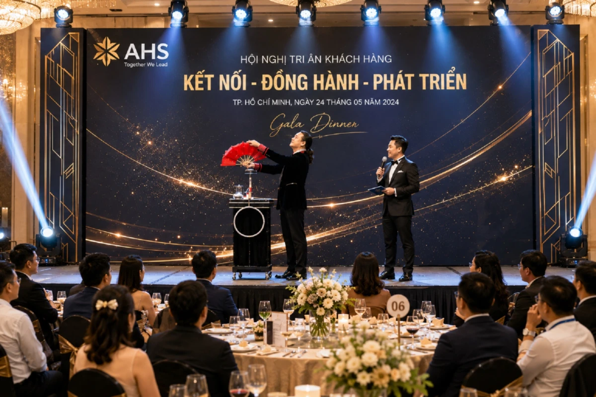 Ảo thuật gia biểu diễn cùng MC trên sân khấu hội nghị khách hàng