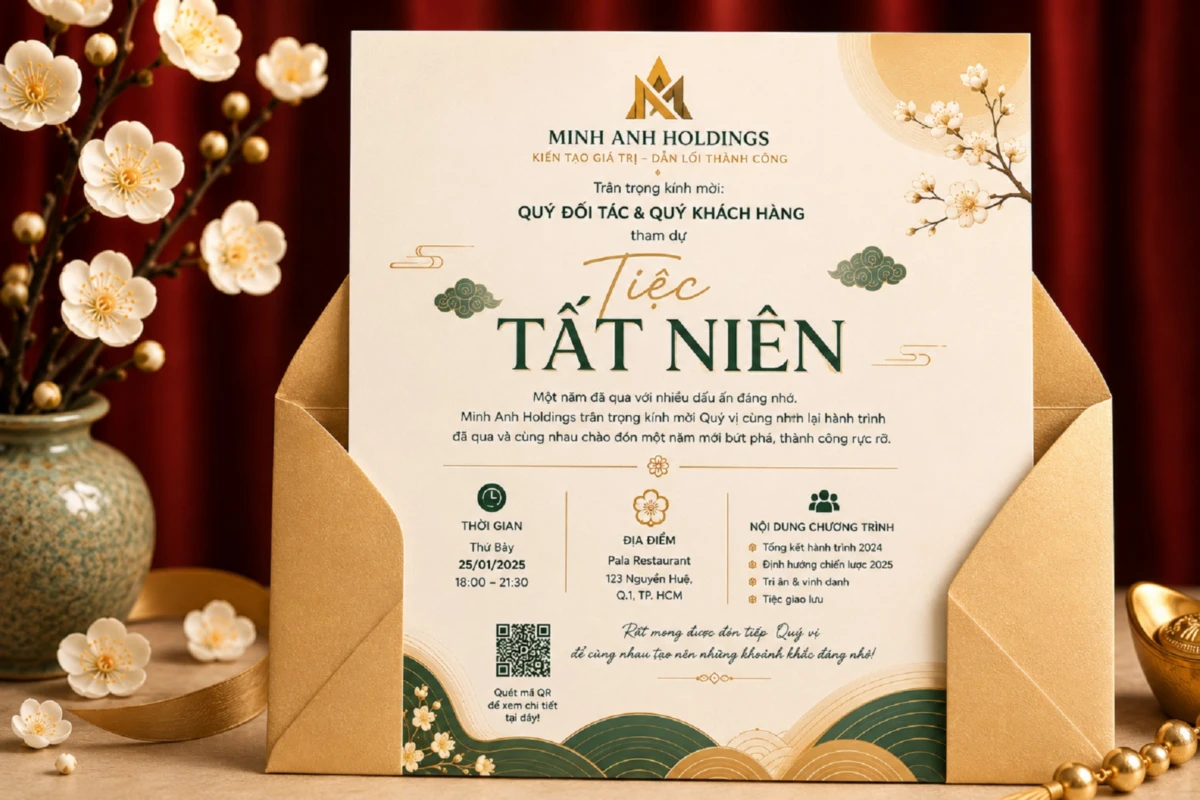 Thư mời tiệc tất niên với lời trân trọng kính mời đặt sau tên doanh nghiệp