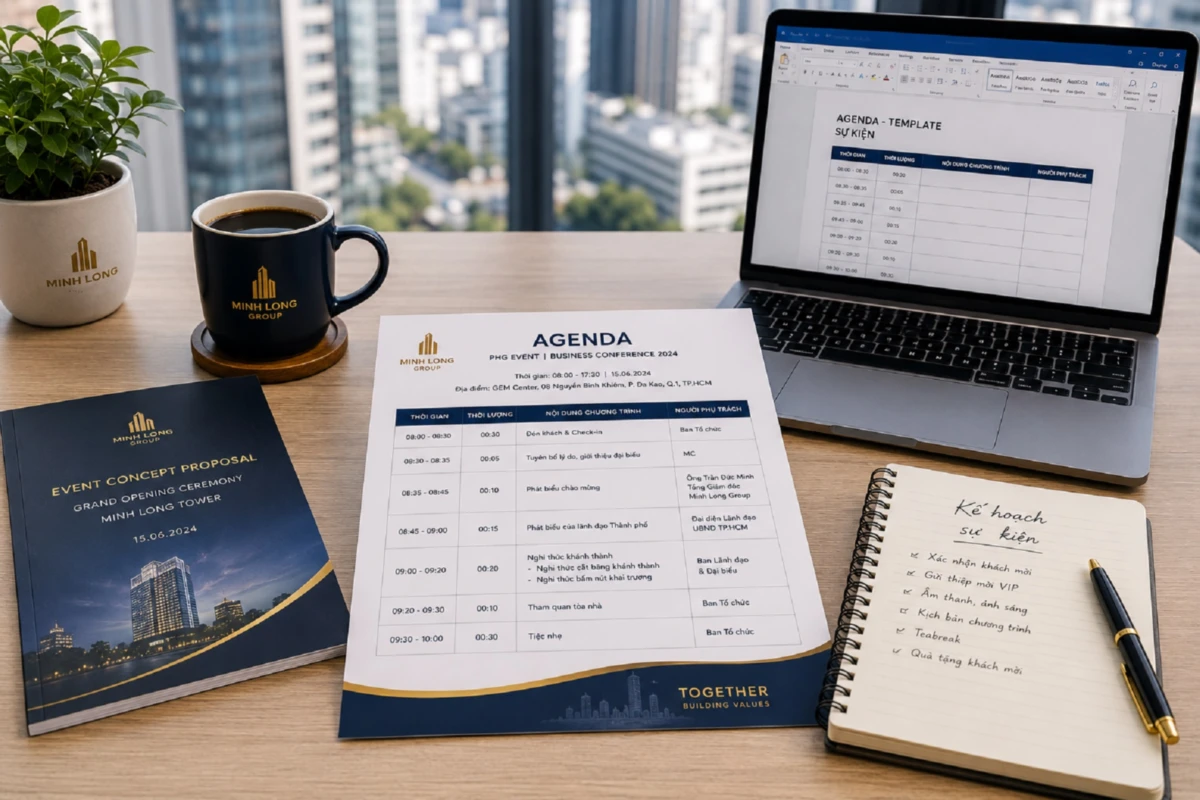Agenda sự kiện doanh nghiệp đặt trên bàn làm việc cùng checklist tổ chức chương trình