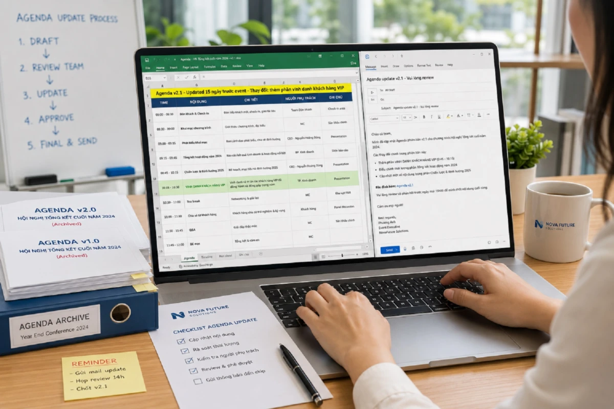 Laptop hiển thị file Excel agenda sự kiện và email cập nhật lịch trình, minh họa quy trình quản lý agenda chương trình