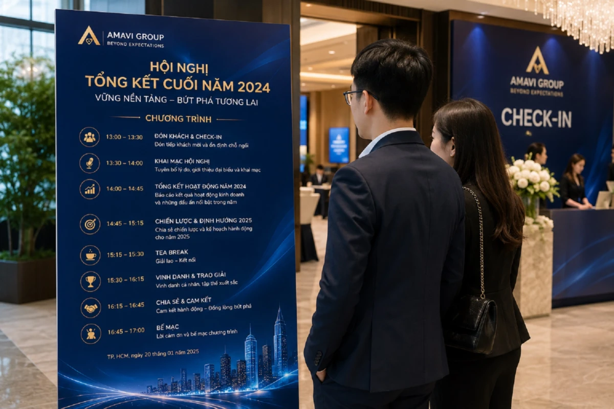 Khách mời xem public agenda hội nghị tổng kết cuối năm tại khu vực check-in sự kiện doanh nghiệp